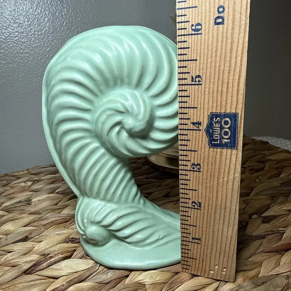 MCM Mint Green Nautilus Shell Vase Fiddlehead Fern Style Matte Pottery Decor